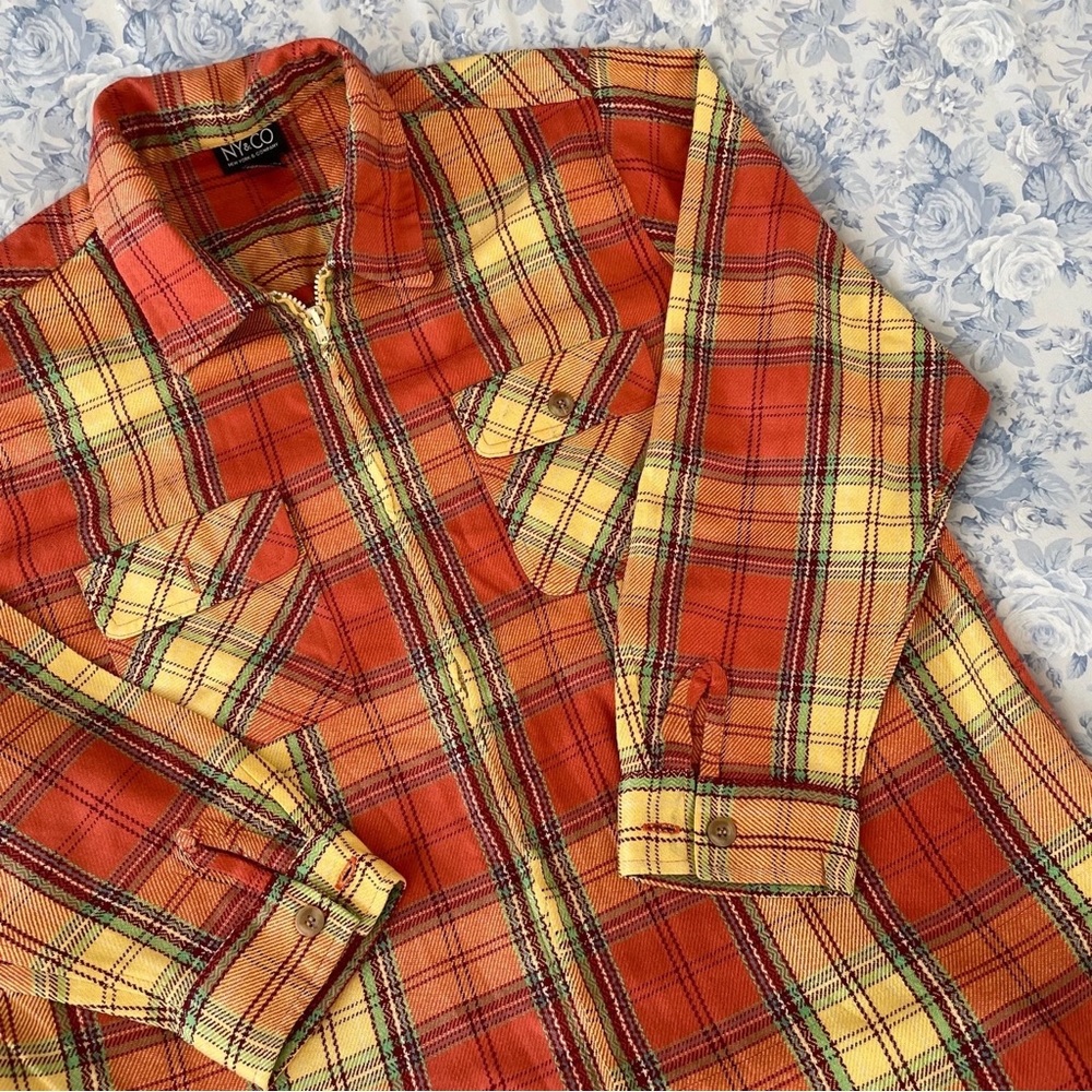 Vintage Flannel Plaid Zippered Large Unisex 90s Grunge Aesthetic Orange NY&Co